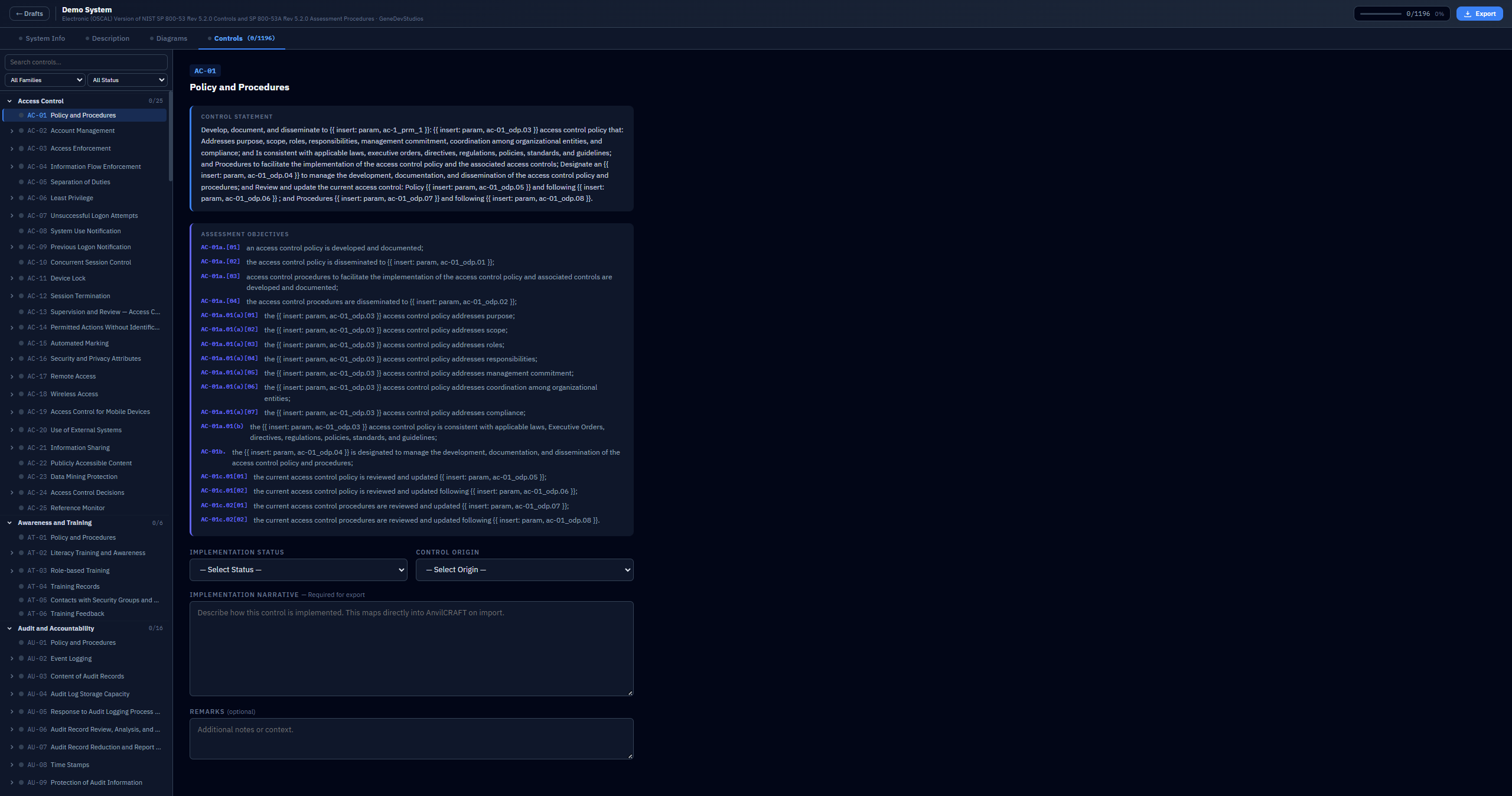 Anvil FORGE — Controls authoring with NIST SP 800-53 family tree